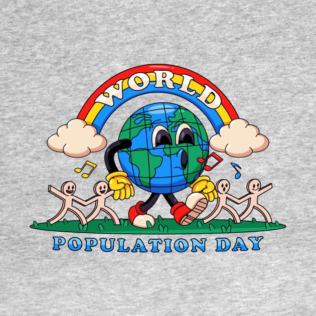 World population day, earth walks happily while holding on to paper humans by Vyndesign